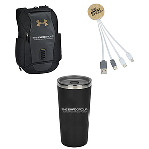 the expo group branded backpack, coffee cup, charger