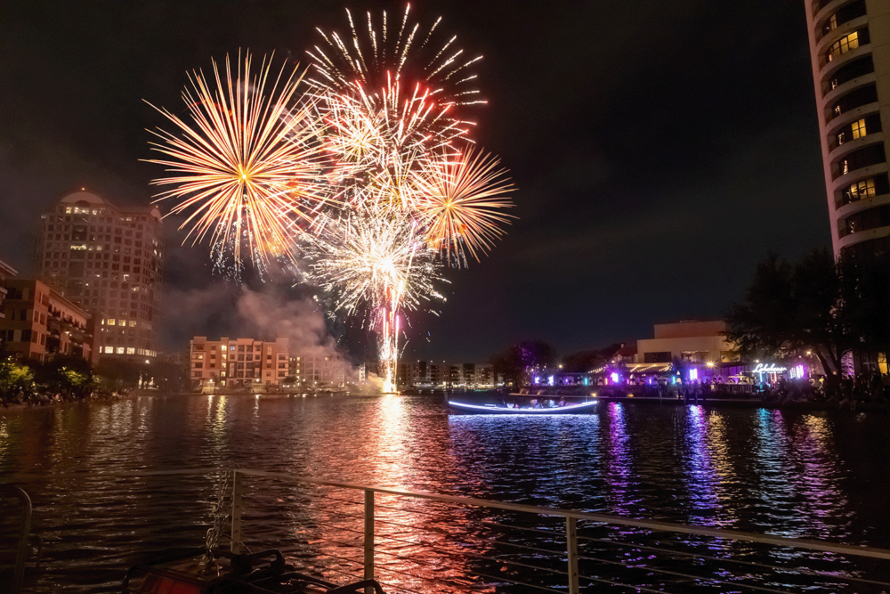 fireworks near a canal