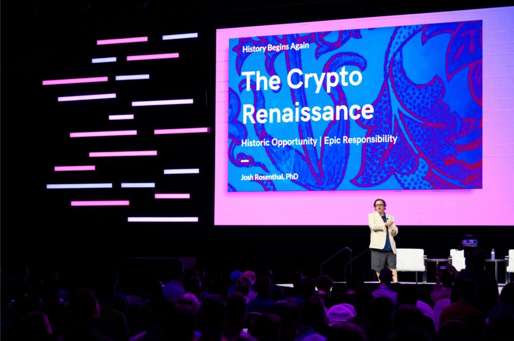 led screen at Blockworks Permissionless event that says the crypto renaissance