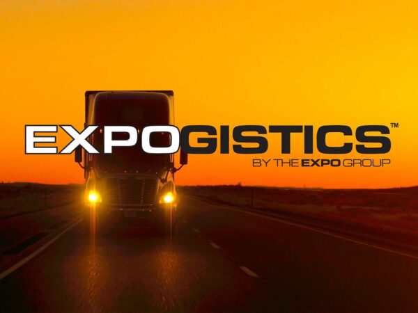 expogistics logo overlaying a picture of a tractor-trailer driving in the sunset